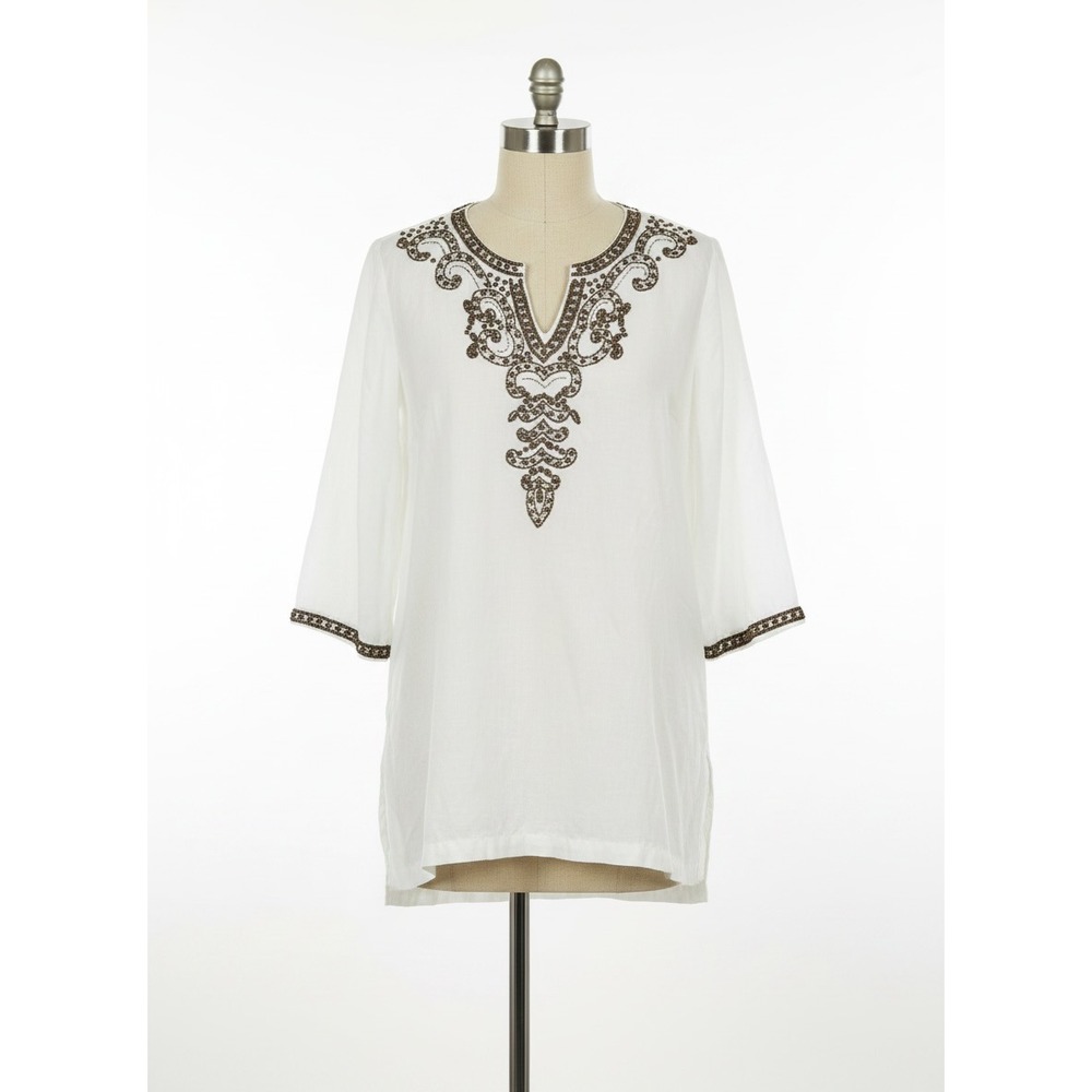 Chicos White Linen Beaded Tunic Top‎ Boho V-Neck Blouse Large 2
